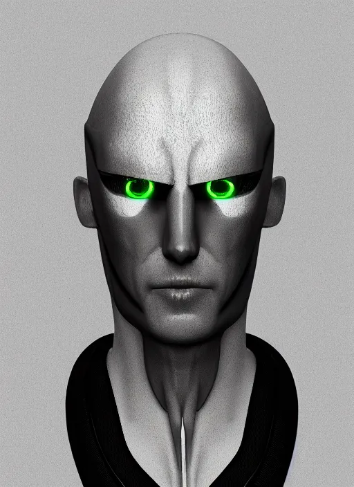 Image similar to bladerunner, cyberpunk, angled facial portrait of a bone ceramic caliente humanoid robot Spanish ninja with an attractive bald head and handsome features, large glowing eyes, macho, piroca, dotado, guapo, reflective surface, by Makoto Shinkai, trending on cgsociety, trending on artstation