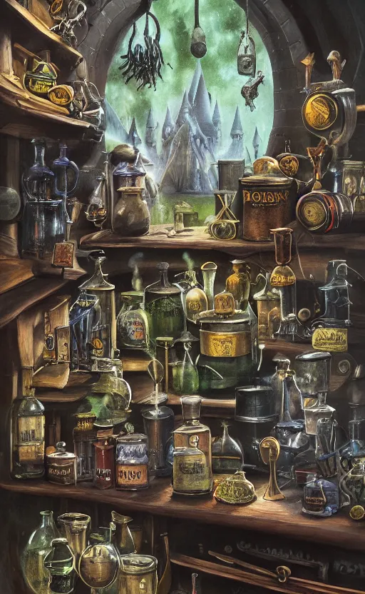 Image similar to potions Wizarding workshop, black cauldron boiling, herbs, potions in bottles, toad, matte painting, oil on canvas