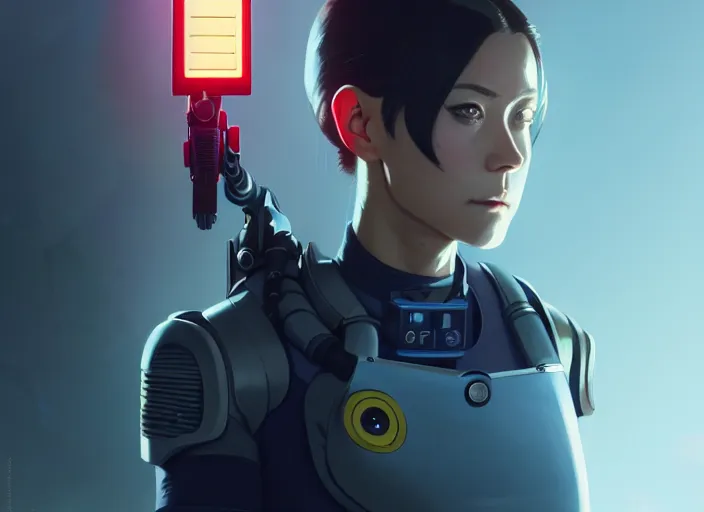 Image similar to a film still portrait of a bionic female cop, finely detailed features, minions, cinematic lighting, perfect art, night cyberpunk city, intricate, anime, minion, gapmoe grimdark, artstation, trending on pixiv fanbox, painted by greg rutkowski makoto shinkai takashi takeuchi studio ghibli, akihiko yoshida, 4 k