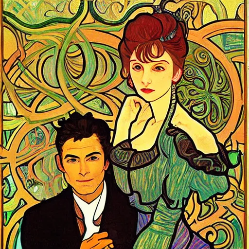 Prompt: painting of handsome beautiful jeff and pretty rina together at the cucumber soup party, elegant, clear, painting, stylized, art, art by alphonse mucha, vincent van gogh, egon schiele,