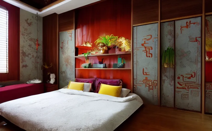 Image similar to a retro futuristic bedroom, chinese style, bright, feng shui, earth colors, wood, plants, cupboards, bed, curtains, minimalistic, art nouveau