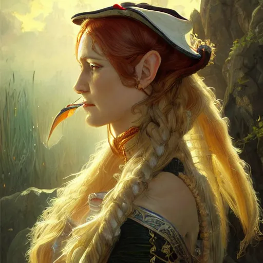 Image similar to a stunningly detailed portrait of a female elf as a pirate captain, intricate, elegant, highly detailed, digital painting, artstation, concept art, sharp focus, illustration, art by greg rutkowski and alphonse mucha