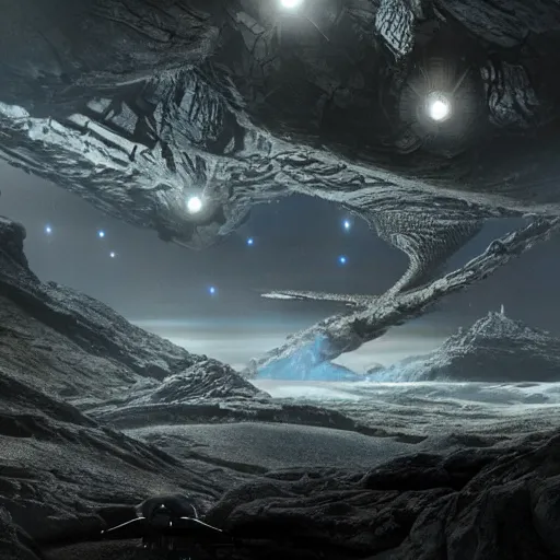 Prompt: scene from prometheus movie, artlilery spaceship lands in an alien landscape, filigree ornaments, volumetric lights, mcquarrie