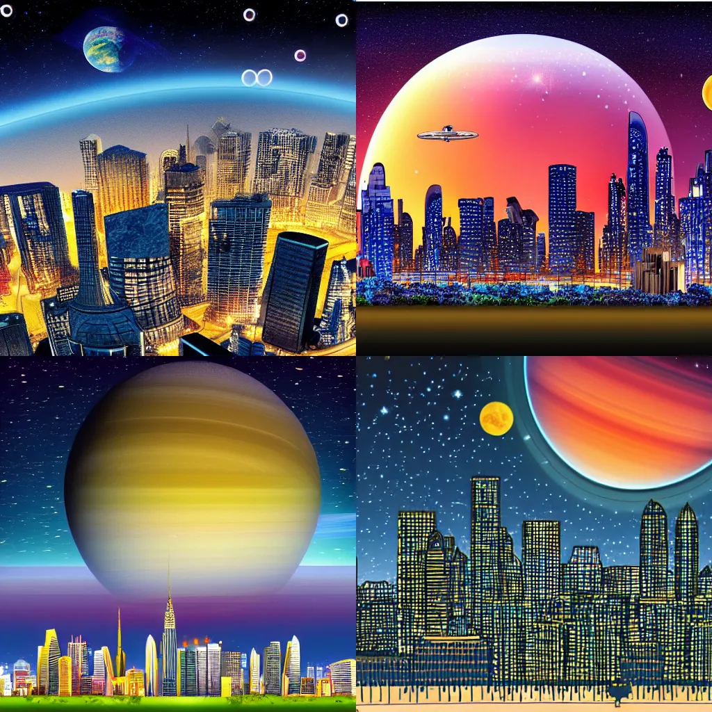 Prompt: Megapolis skyline under starry sky, with Saturn on sky, 2D cartoon