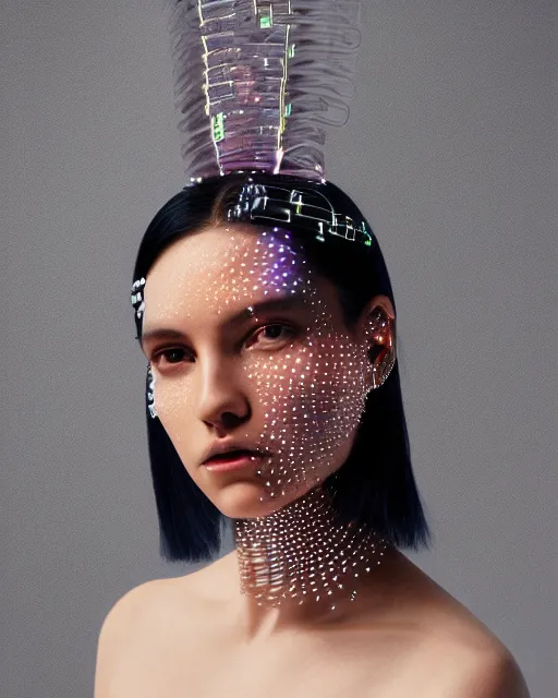 Prompt: soft focus portrait of an android with soft synthetic skin, bioluminescent plastics, smooth shiny metal plates, elaborate head piece, piercings, skin textures, by annie liebovotz,