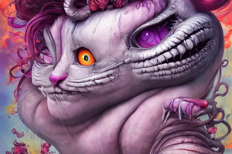 Image similar to dream portrait of Cheshire Cat from Alice in Wonderland,full character, melting ,8k,by tristan eaton,Stanley Artgermm,Tom Bagshaw,Greg Rutkowski,Carne Griffiths, Ayami Kojima, Beksinski, Giger,trending on DeviantArt,face enhance,hyper detailed,minimalist,horror, android, full of colour