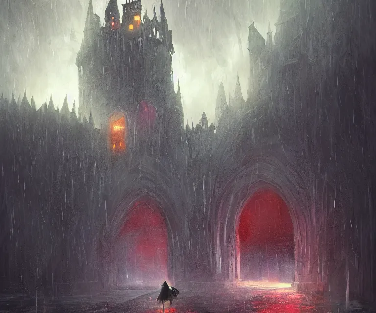 Prompt: a painting of a hooded figure entering a huge castle, raining, digital art by greg ruthowski, marc simonetti, anato finnstark and randy vargas, dynamic colors, dark lighting, extremely detailedfeatured on artstation and art of the year on deviantart, brethtaking lighting