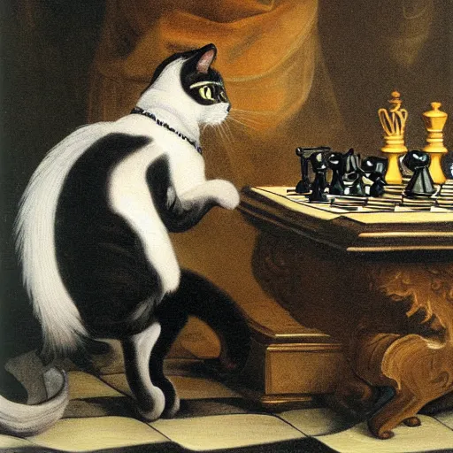 Image similar to cat playing chess looking wise, rococo oil painting