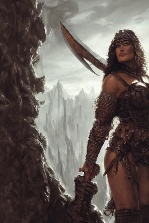 Image similar to portrait, Salma Hayek , barbarian , dressed in steel armor, face portrait, raphael lacoste, eddie mendoza, alex ross, concept art, matte painting, highly detailed, rule of thirds, dynamic lighting, cinematic, detailed, denoised, centred