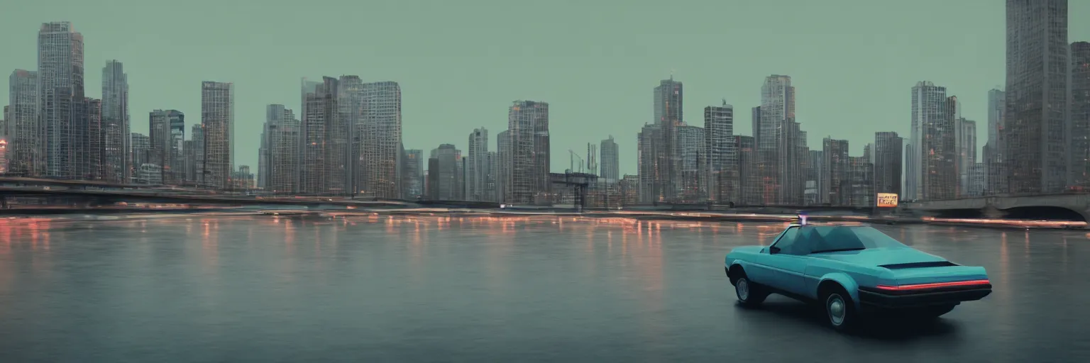 Image similar to 8 0 s neon movie still, portrait of a single car by the river with city in background, medium format color photography, blurred background, movie directed by kar wai wong, hyperrealistic, photorealistic, high definition, highly detailed, tehnicolor, anamorphic lens