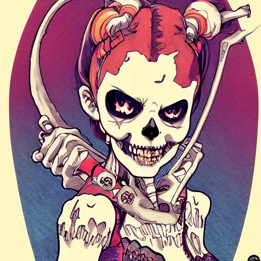 Image similar to anime manga skull portrait girl female HarleyQuinn skeleton illustration sunset art Geof Darrow and Ashley wood and Ilya repin and alphonse mucha pop art nouveau