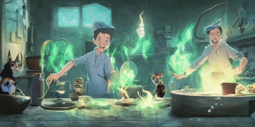 Image similar to a wholesome animation key shot of a steve buscemi with black hair as a witch cooking a magic potion in his cauldron of bubbling green liquid as his cats watch, medium shot, waist up, studio ghibli, pixar and disney animation, sharp, rendered in unreal engine 5, anime key art by greg rutkowski, bloom, dramatic lighting