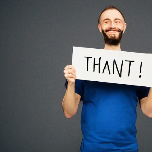 Image similar to man holding a sign that says “ thank you ”, madly grinning, studio light