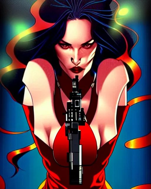 Image similar to artgerm, joshua middleton comic cover art, full body pretty megan fox holding a shotgun, red dress, symmetrical eyes, symmetrical face, long curly black hair, dark city background, cinematic lighting