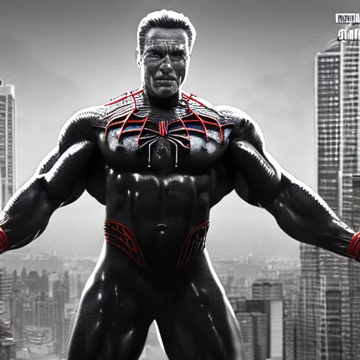 Image similar to Arnold Schwarzenegger as spiderman , muscle extremely detailed, fantastic details,, trending on artstation, pixiv, cgsociety, hyperdetailed Unreal Engine 4k 8k ultra HD, WLOP