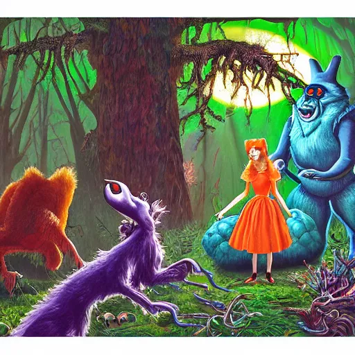 Image similar to a scene of colorful cartoon monsters in the clearing of a dark fantasy forest surrounded by darkness. hyperrealist illustration. muted colors. 1 9 7 0's pulp science fiction and fantasy cartoon for alice in wonderland and wizard of oz. richly colored painting by don ivan punchatz.