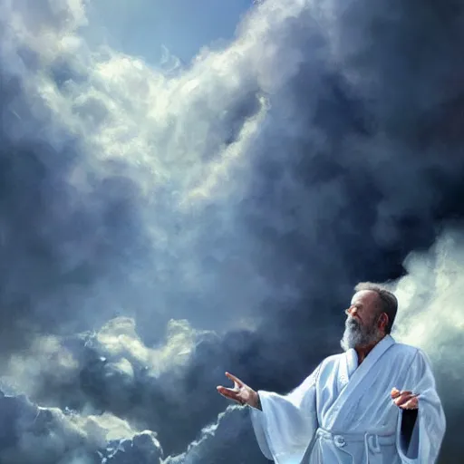 Prompt: robin williams talking with george carlin in heaven, white beard, blue eyes, white robe, clouds, heaven, intricate, detailed, volumetric lighting, scenery, digital painting, highly detailed, artstation, sharp focus, illustration, concept art, ruan jia, steve mccurry