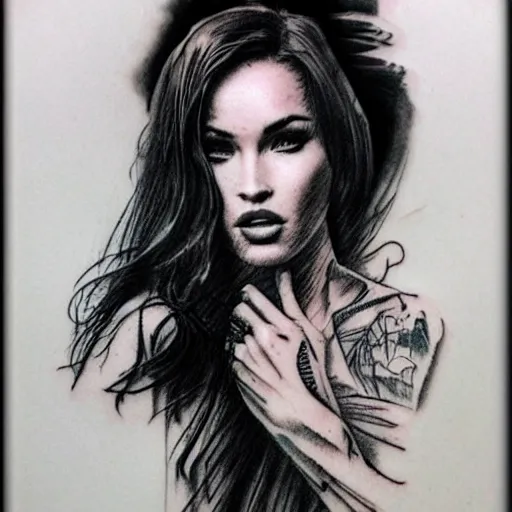 Prompt: double exposure realism tattoo sketch of megan fox with beautiful mountain scenery, in the style of andrey lukovnikov