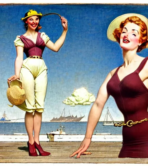 Prompt: a beautiful silicone lady standing on a wharf at the edge of the sea as a magic the gathering card by gil elvgren and william blake and norman rockwell, crisp details, hyperrealism, smiling, happy, feminine facial features, stylish navy blue heels, gold chain belt, cream colored blouse, maroon hat, windblown, holding a leather purse