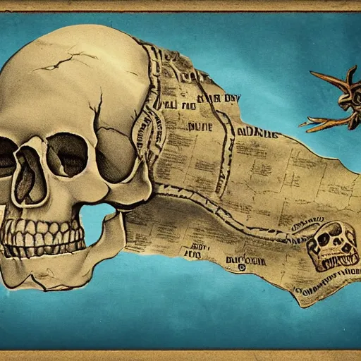 Prompt: old torn treasure map showing the treasure of skull island, pirates treasure map, high detail, high res, hyperrealistic, skull island