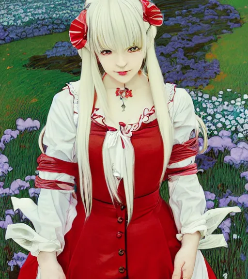 Prompt: Portrait of an anime girl with white hair wearing red gothic lolita dress, perfectly drawn hands, beautiful, 4k, smooth, sharp focus, art by Alphonse Mucha and Shirow Masamune