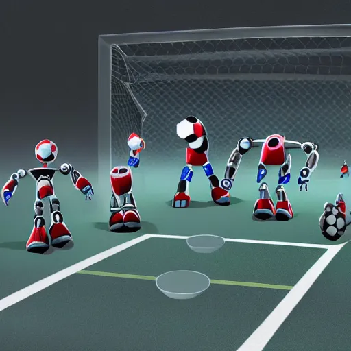 Image similar to photorealistic robots playing soccer