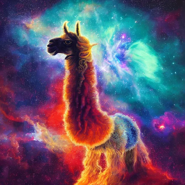 Image similar to llama with dreadlocks, depicted as an explosion of a nebula, 4 k, hyperrealistic painting