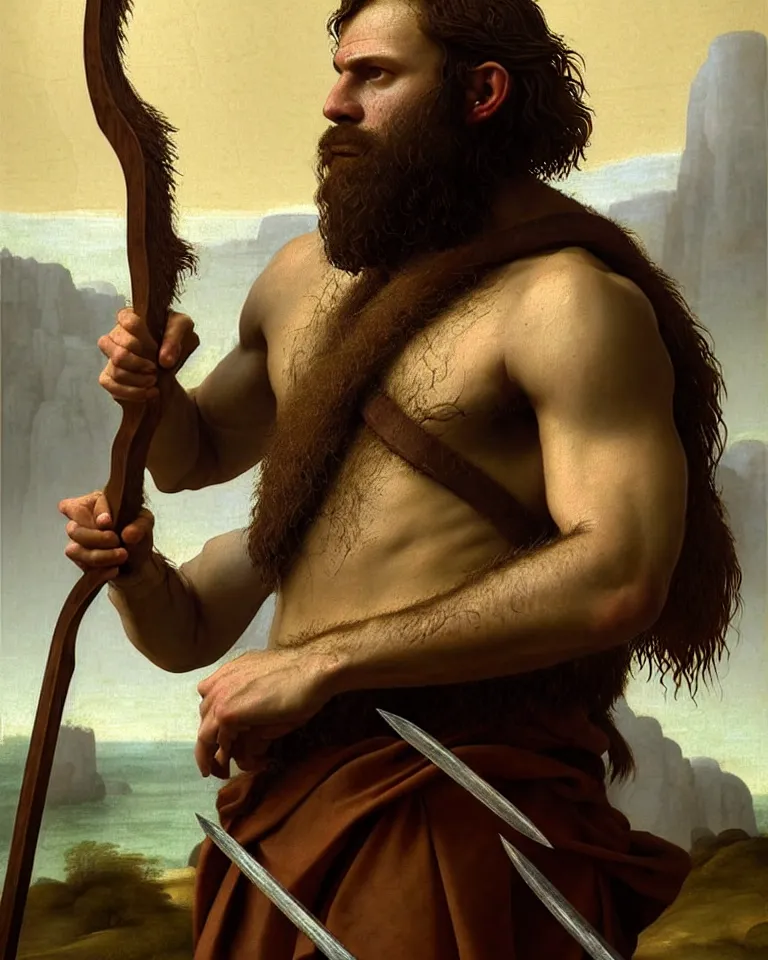 Image similar to renaissance painting full body portrait of a gruff ranger with a spear, lean and toned, handsome face, hairy chest and hairy body, D&D, intricate, elegant, highly detailed, digital painting, artstation, concept art, matte, sharp focus, chiaroscuro, well list, illustration, art by da Vinci, Artgerm and Greg Rutkowski and Alphonse Mucha