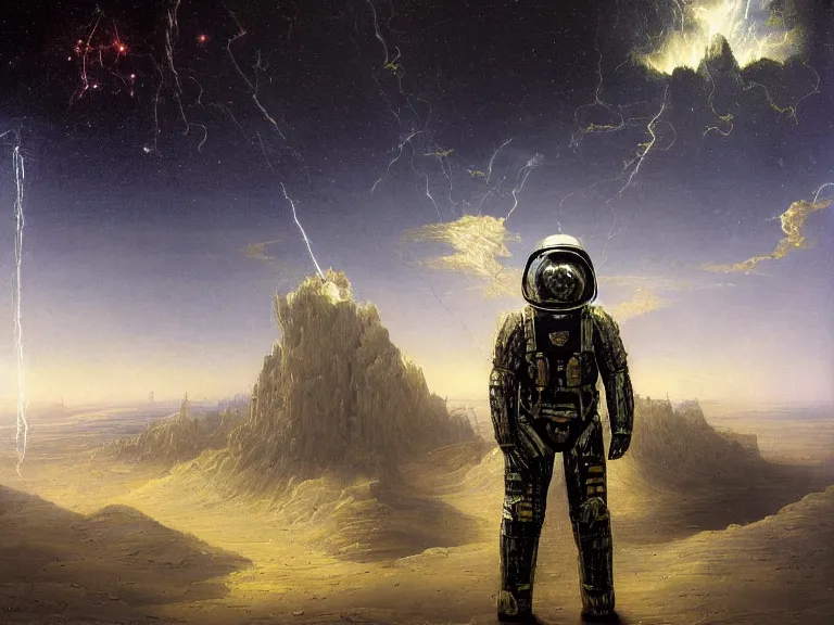 Image similar to a detailed profile oil painting of a lone shock trooper in a spacesuit with reflective helmet, technology flight suit, bounty hunter portrait symmetrical and science fiction theme with lightning, aurora lighting clouds and stars by beksinski carl spitzweg and tuomas korpi. baroque elements, full-length view. baroque element. intricate artwork by caravaggio. Trending on artstation. 8k