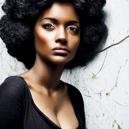 Image similar to a gorgeous black woman photo, beautiful face, professionally retouched, realistic, full body shot, curly hair, sharp focus on eyes, high definition, intricate, elegant, fashion editorial, vogue, black art