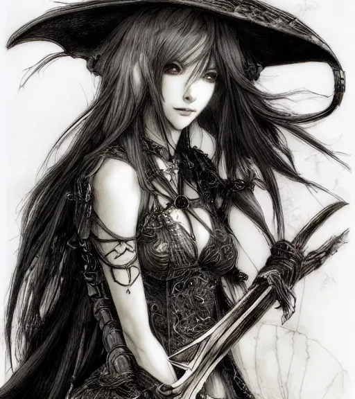 Prompt: portrait of anime succubus with long hair wearing a witch hat, holding a sword designed by yoshitaka amano, pen and ink, intricate line drawings, by craig mullins, ruan jia, kentaro miura, greg rutkowski, loundraw