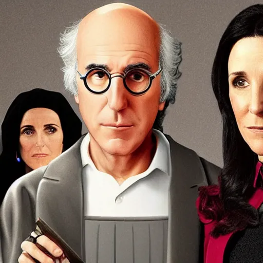 Prompt: Larry David and Julia Louis-Dreyfus in the style of American Gothic