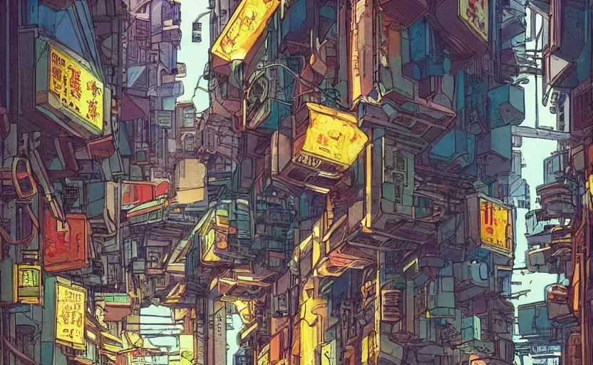 Prompt: a cyberpunk hong kong alley with robots and humans walking around by moebius, studio ghibli color palette