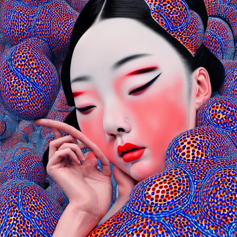 Image similar to hyperrealistic detailed image of a geisha laying in a art installation room, hd smooth interior by yayoi kusama, part by kei mieno, part by ross tran, dark art by james jean, ultra realistic, highly detailed, life like face, detailed body, 8 k, 3 d render by roger magrini, very cohesive, masterpiece