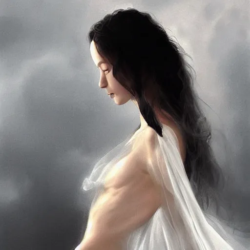 Prompt: a beautiful woman, petite and fae, wearing a sheer white dress, there is mist, the dress is soaking wet, it clings to her body. masterpiece digital painting. hyper realism, dark, gothic, stanley lau, dali