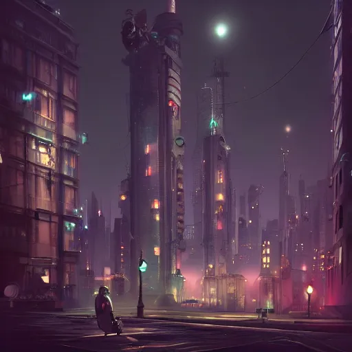 Prompt: futuristic cityscape at night, cinematic lighting, buildings designed by Ray Caesar, artstation