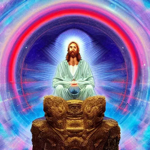 Image similar to god sitting in the center of the multi dimensional latent space conceptualizing our collectively designed divine imagination, 4 k surrealism