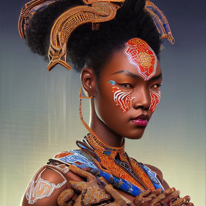 Image similar to symmetry! portrait of a hybrid african woman, face decorated with chinese opera motifs, leds horizon zero dawn machine, intricate, elegant, highly detailed, digital painting, artstation, concept art, smooth, sharp focus, illustration, art by artgerm and greg rutkowski and alphonse mucha, 8 k