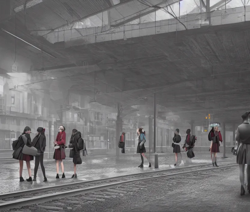 Image similar to School girls waiting on a urban train station, gloomy and foggy atmosphere, octane render, artstation trending, horror scene, highly detailded