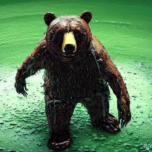 Image similar to a realistic depiction of a zombie bear standing in a green fluid pit, photo pic taken by todd mcfarlane and national geographic