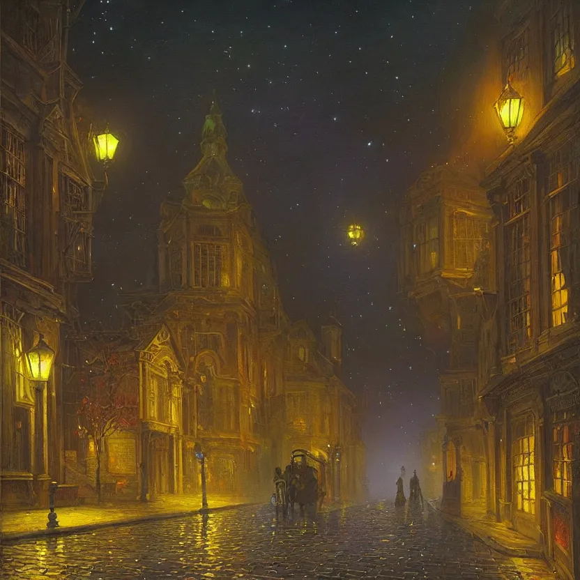 Prompt: beautiful painting of old London street scene spooky dark fog in the moonlight fantasy mystical Victor Nizovtsev