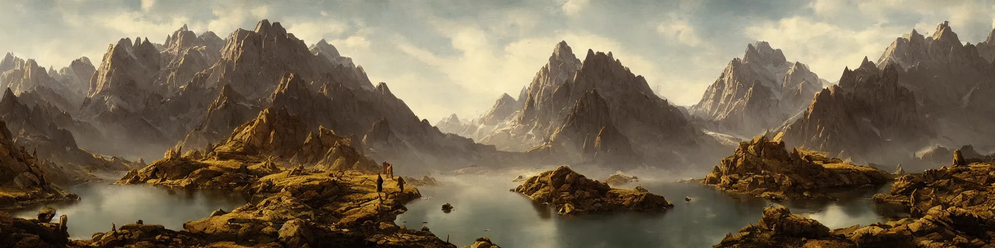 Image similar to rocky mountain range, painting by raphael lacoste