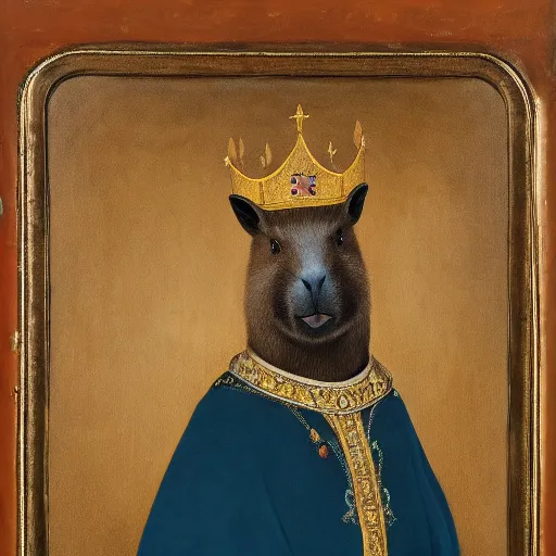 Prompt: An oil painting portrait of a capybara wearing medieval royal robes and an ornate crown on a dark background