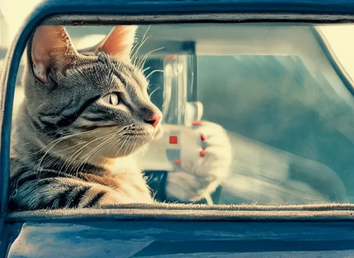 Image similar to A very high resolution image from a new movie, a cat driving a car around, inside of a car , mountains, Polaroid, directed by wes anderson