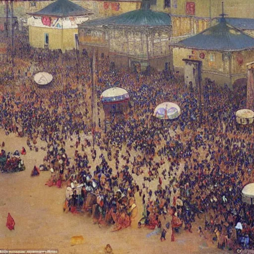Image similar to dahomey officials with completely flat colorful umbrellas in ahomey's huge main square, from above, 1905, highly detailed, oil on canvas, by ilya repin