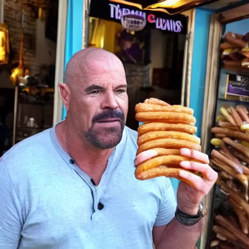 Image similar to thanos from mcu eating a churros at a bar in tharros ( sardinia )