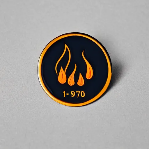 Image similar to a photo of a retro 1 9 7 0 s minimalistic clean fire flames warning label enamel pin, studio lighting, behance