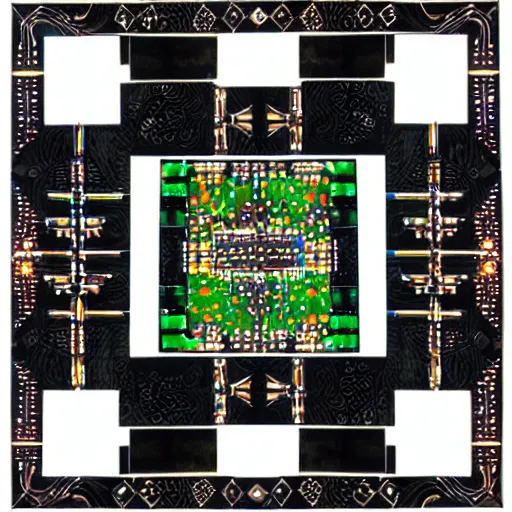 Prompt: black cube on a black background with intricate iridescent mother - of - pearl inlay art in the style of a circuit board