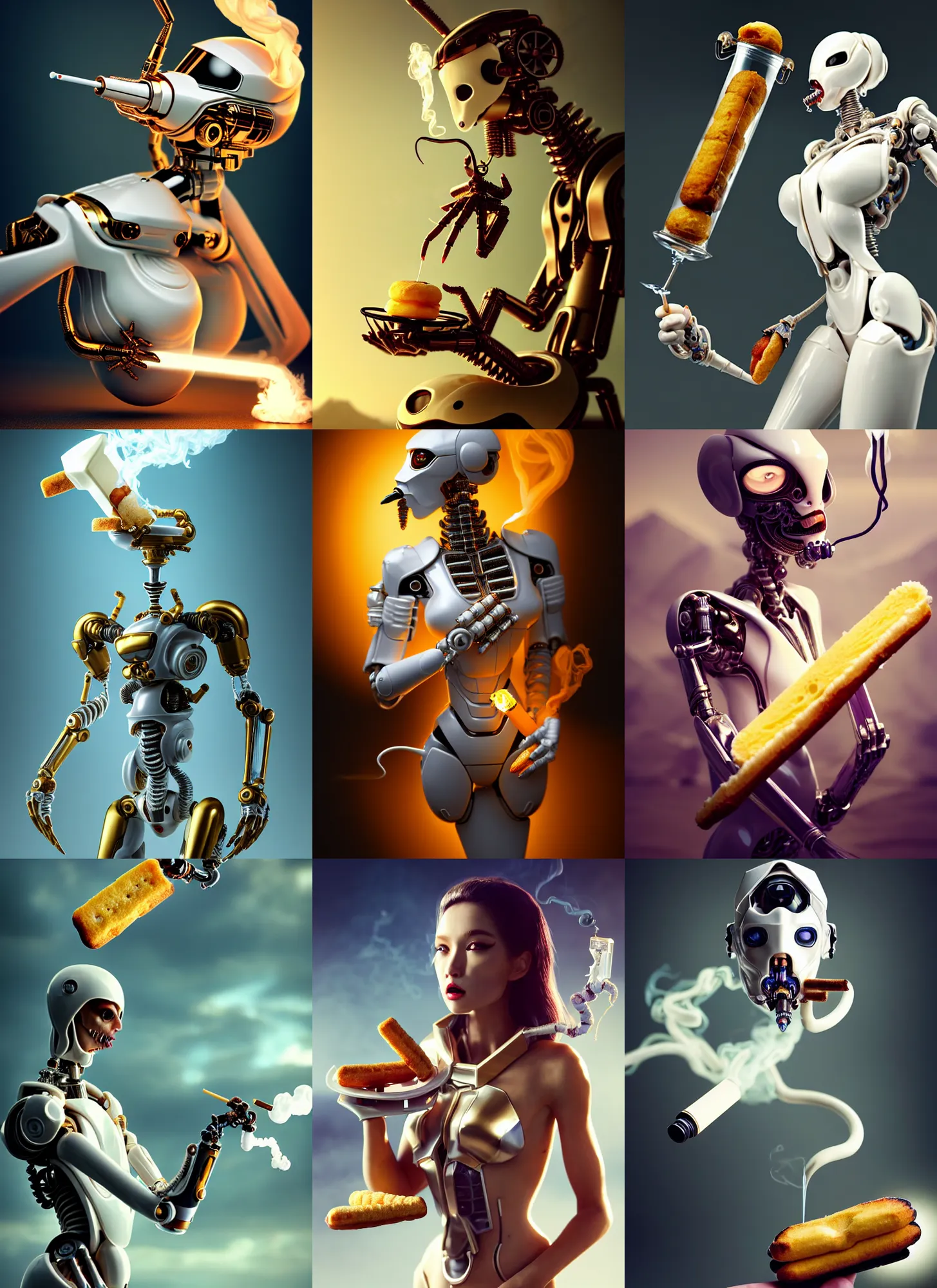 Prompt: white porcelain scorpion cyborg smoking a twinkie bong | exoric jewelry | glamorous oily soft polished rich alluring ornate modern | weta disney movie still photo | hi - fructose, sci fi fantasy, golden ratio, smooth, octane render, sharp focus, artstation, concept art | beeple, rhads, rutkowski, artgerm, mucha |