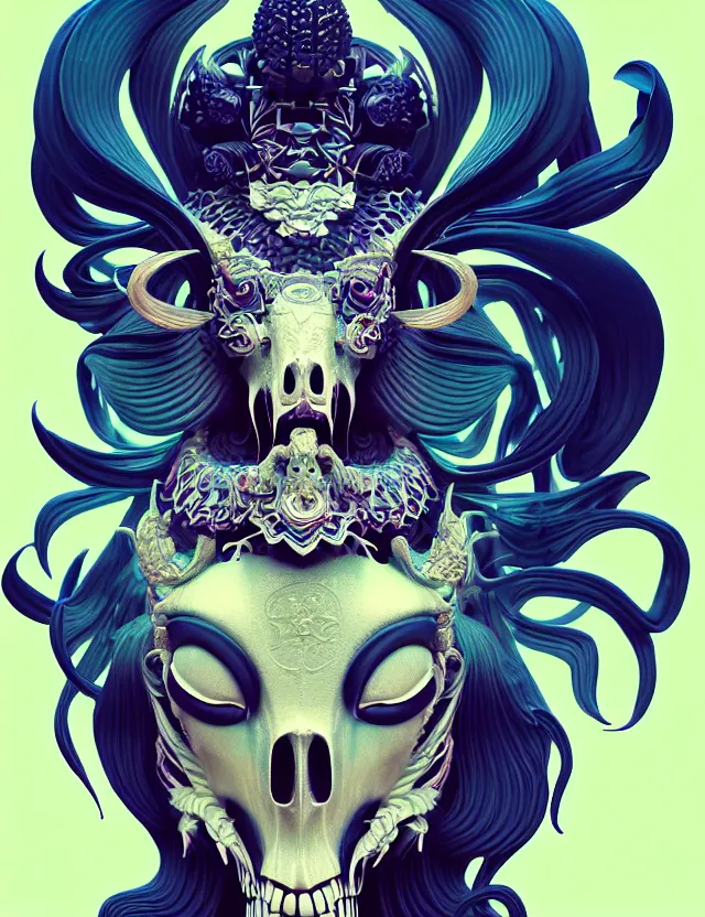 Image similar to 3 d goddess close - up profile portrait of satanic with ram skull. beautiful intricately detailed japanese crow kitsune mask and clasical japanese kimono. betta fish, jellyfish phoenix, bio luminescent, plasma, ice, water, wind, creature, artwork by tooth wu and wlop and beeple and greg rutkowski